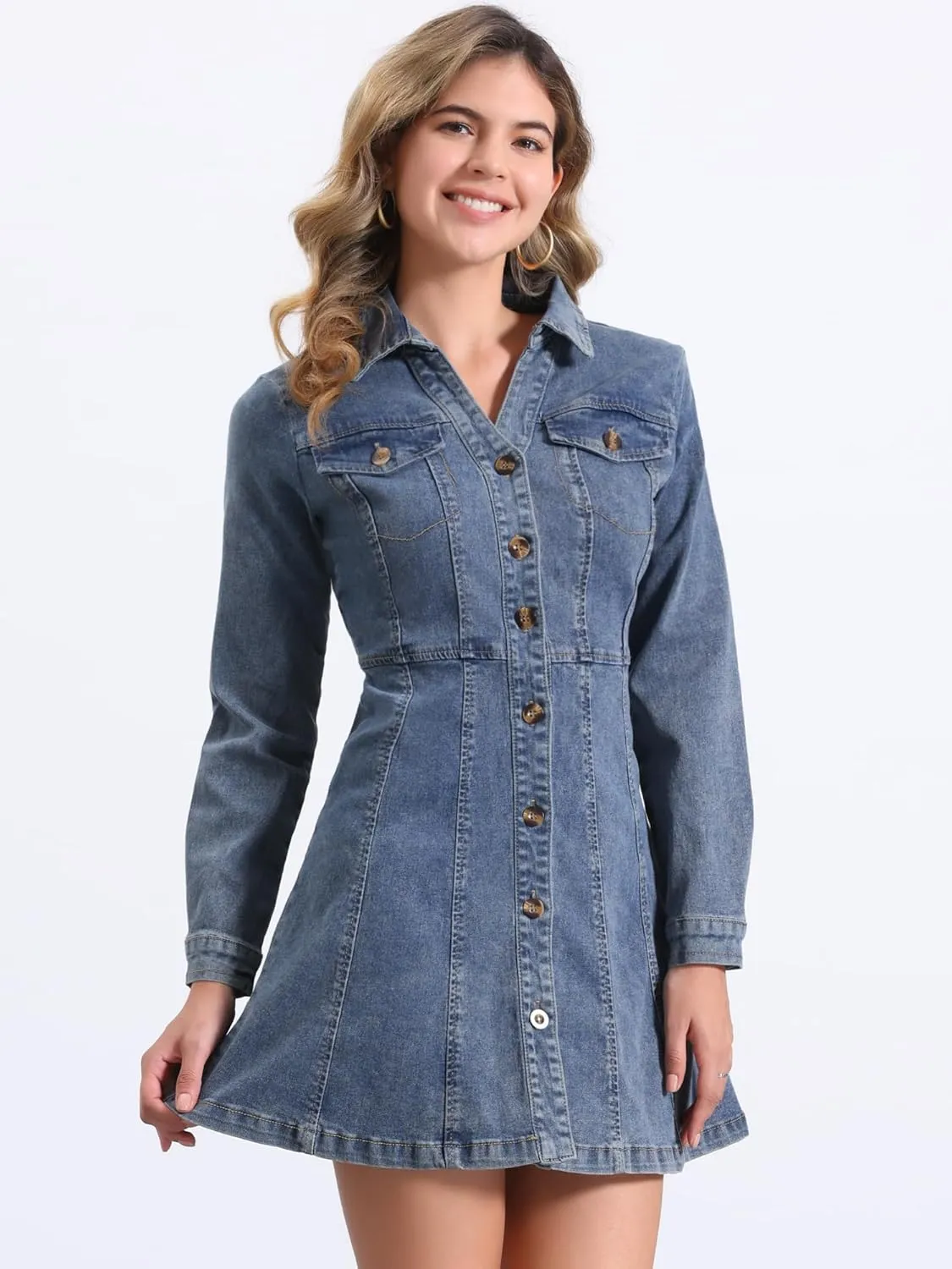 Allegra K Women's Denim Dress Button Down Collar V Neck Long Sleeve A-line Cotton Jean Dress