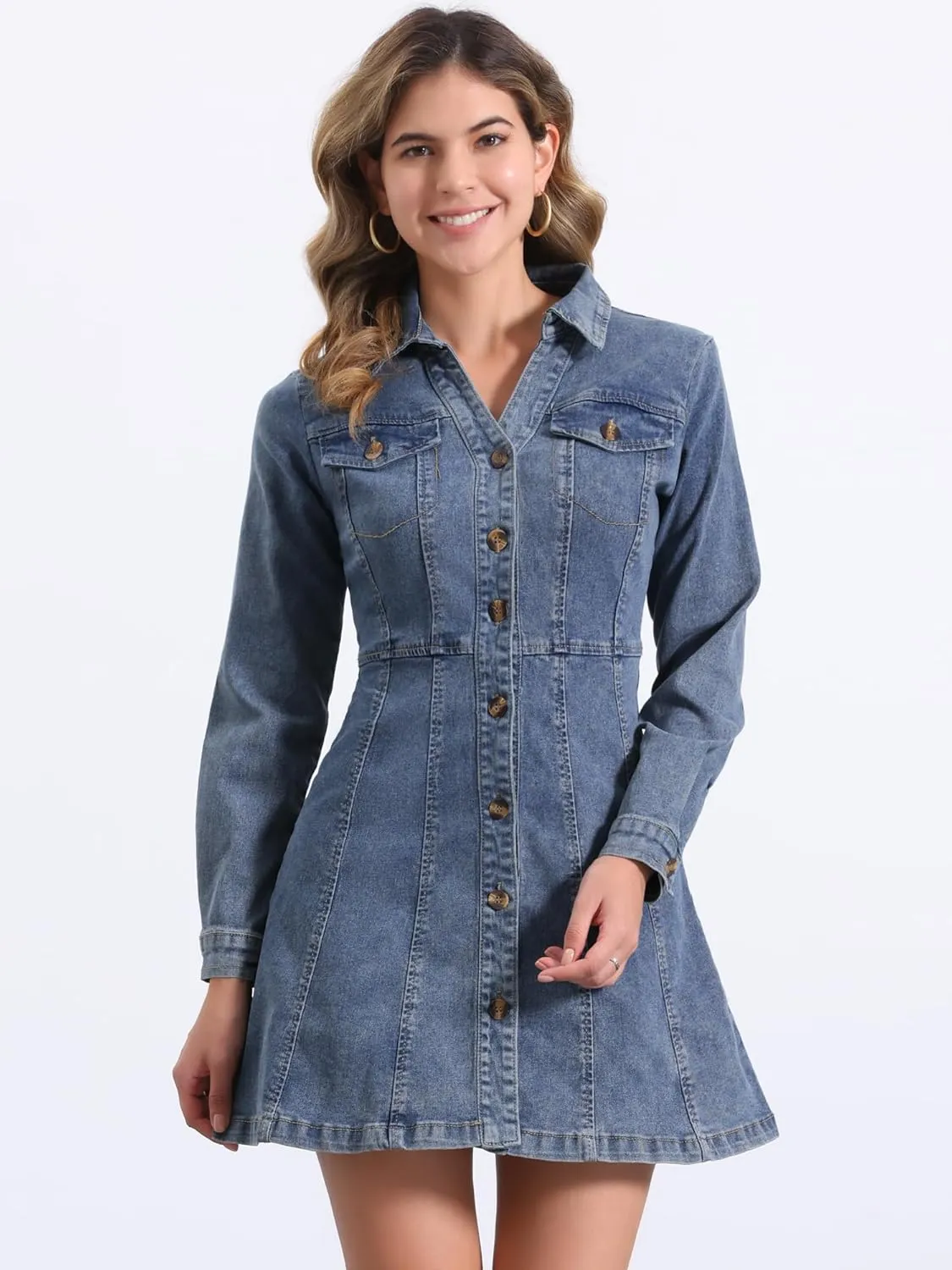 Allegra K Women's Denim Dress Button Down Collar V Neck Long Sleeve A-line Cotton Jean Dress