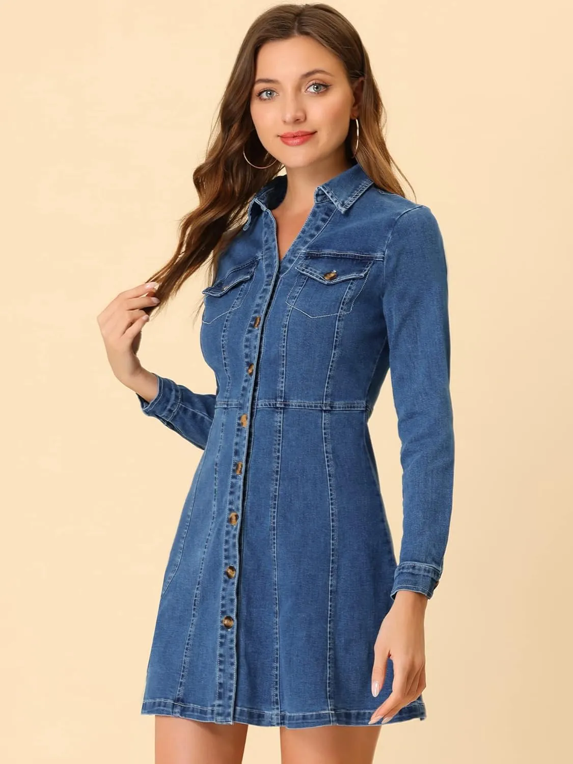 Allegra K Women's Denim Dress Button Down Collar V Neck Long Sleeve A-line Cotton Jean Dress