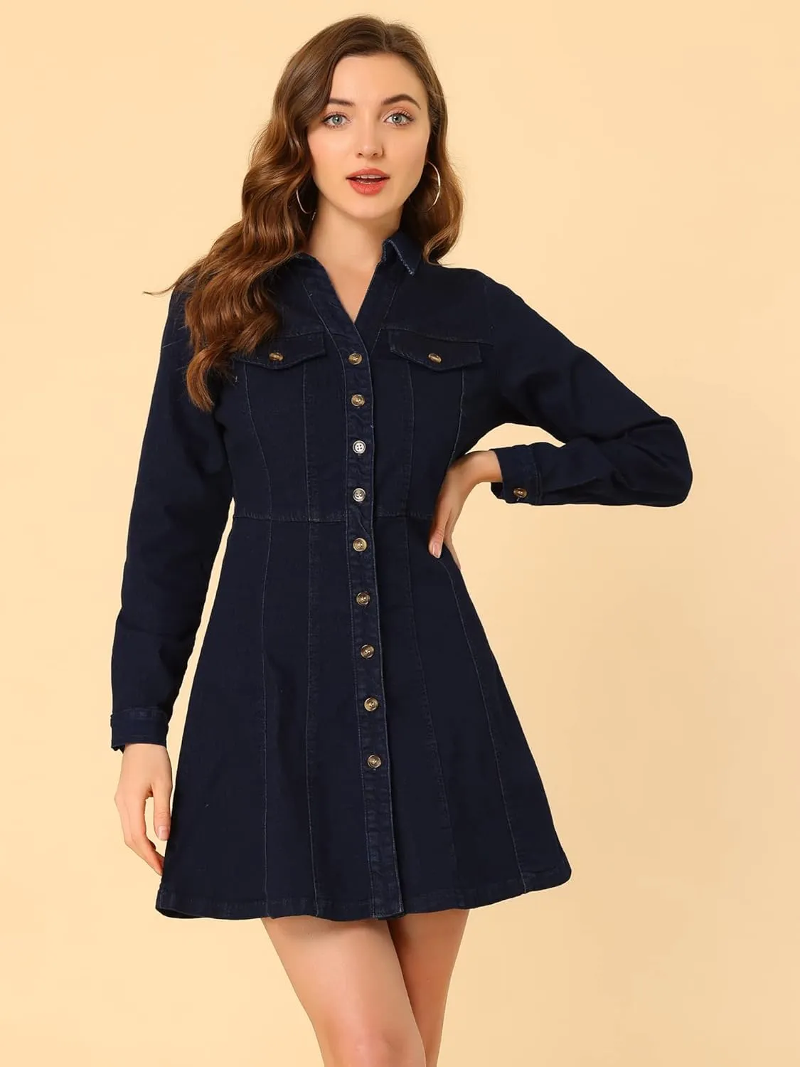 Allegra K Women's Denim Dress Button Down Collar V Neck Long Sleeve A-line Cotton Jean Dress