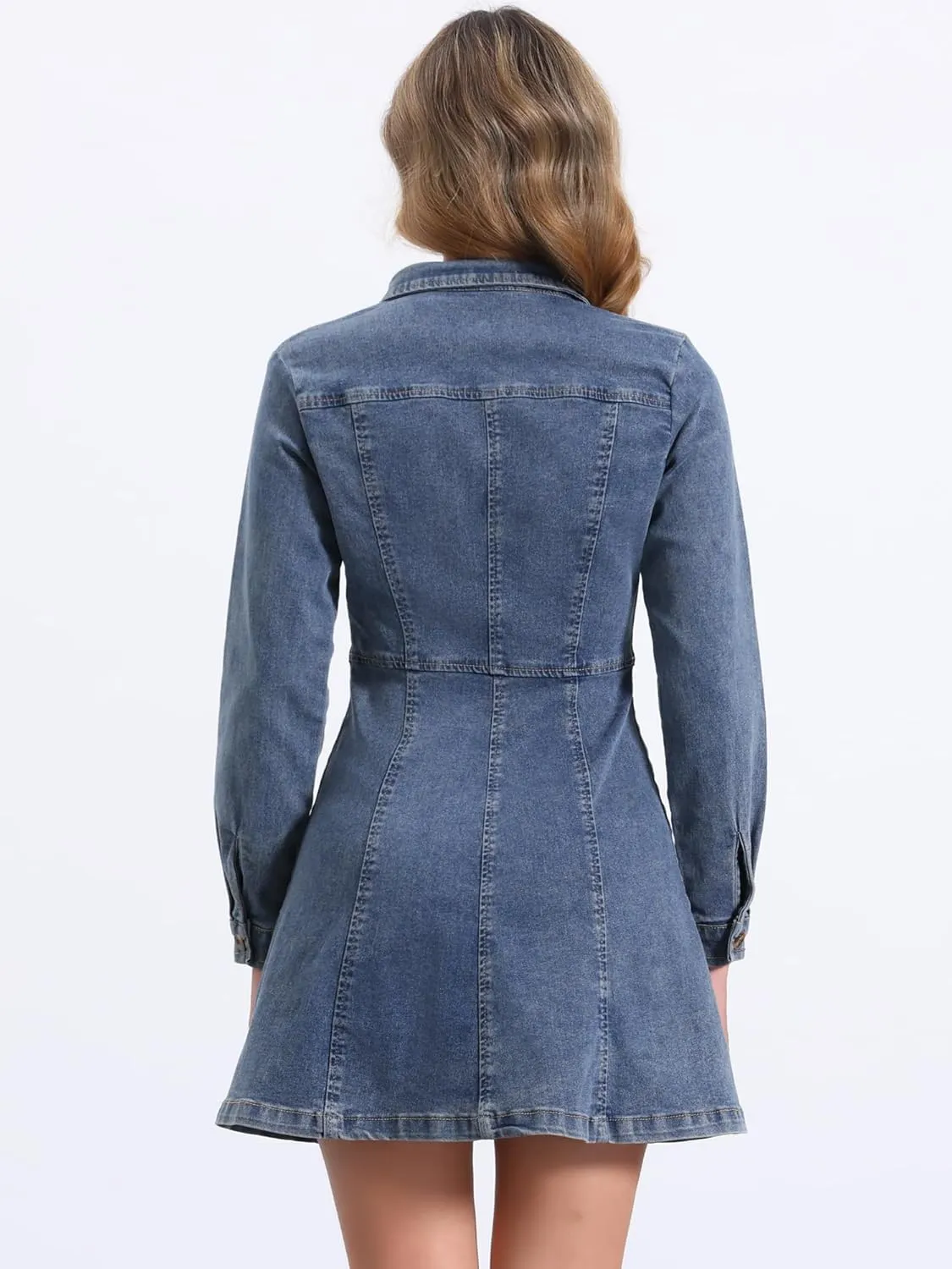 Allegra K Women's Denim Dress Button Down Collar V Neck Long Sleeve A-line Cotton Jean Dress