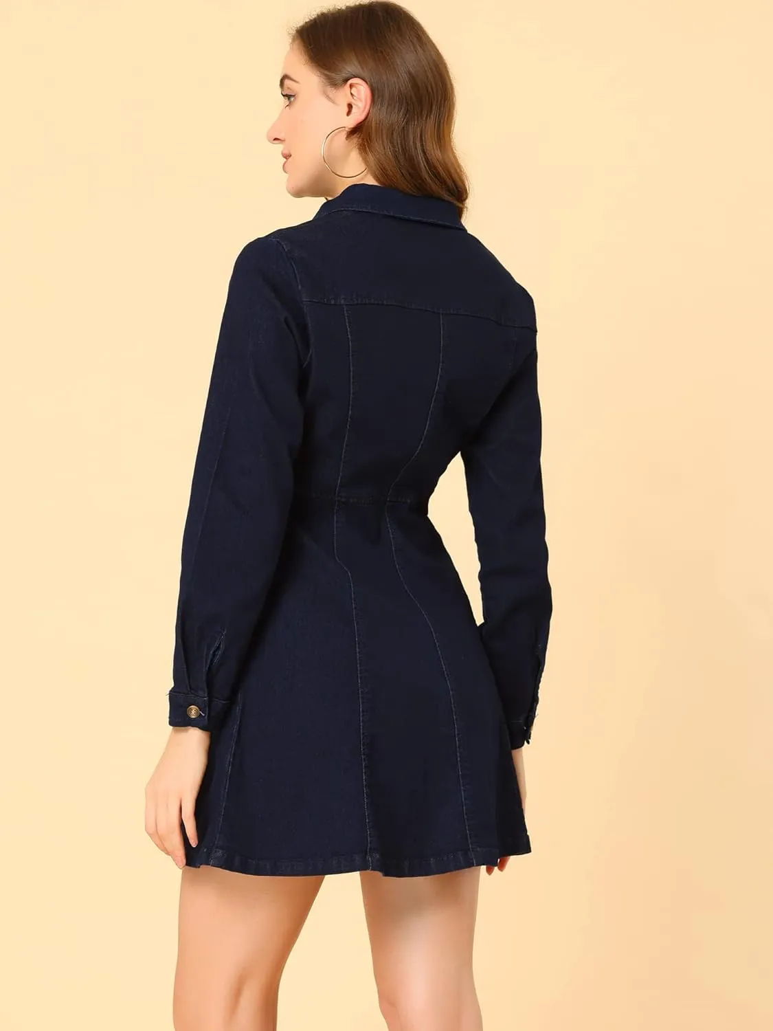 Allegra K Women's Denim Dress Button Down Collar V Neck Long Sleeve A-line Cotton Jean Dress