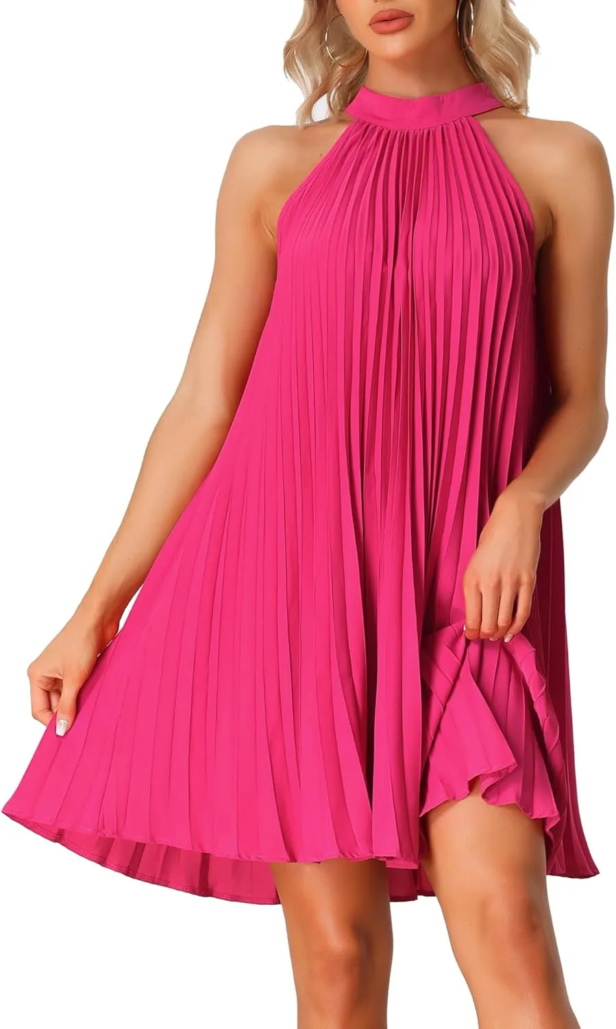 Allegra K Women's Tie Halter Neck Dress Sleeveless Summer Solid Color Flowy Pleated Beach Dress Sundress