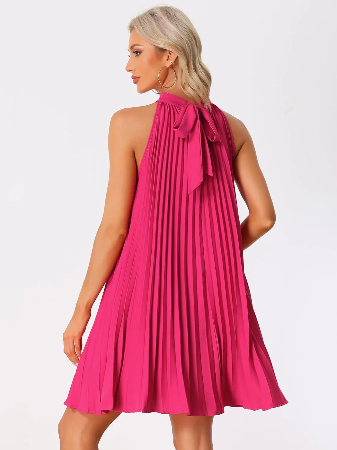 Allegra K Women's Tie Halter Neck Dress Sleeveless Summer Solid Color Flowy Pleated Beach Dress Sundress