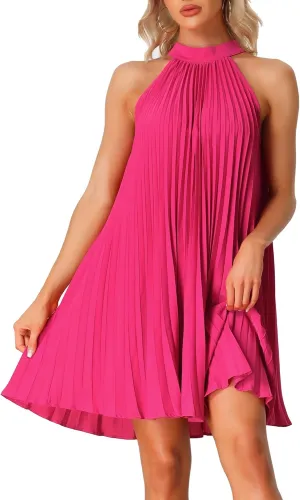 Allegra K Women's Tie Halter Neck Dress Sleeveless Summer Solid Color Flowy Pleated Beach Dress Sundress