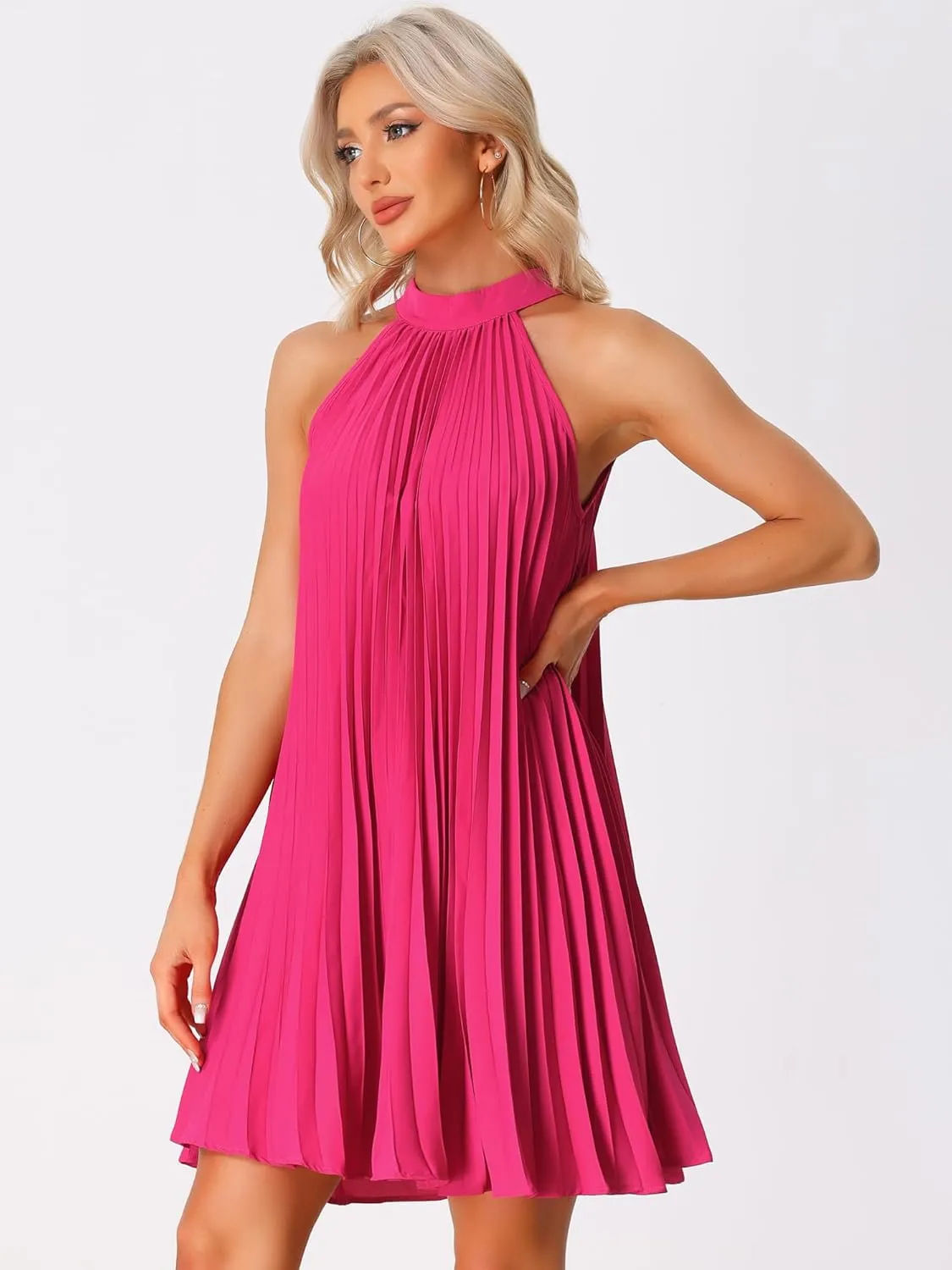 Allegra K Women's Tie Halter Neck Dress Sleeveless Summer Solid Color Flowy Pleated Beach Dress Sundress