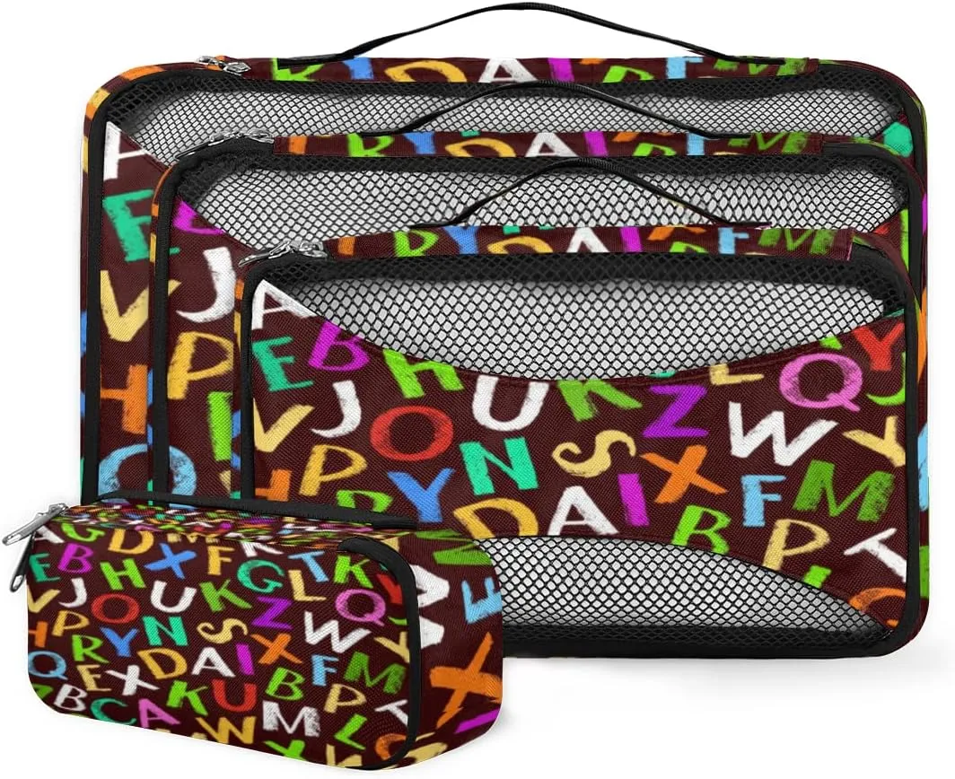 Alphabet Letter Packing Cubes 4 Pack Travel Packing Bags Individual Carry on Suitcases Underwear Luggage Mesh Organizer Packing Cubes Set for Travel Bag Backpack