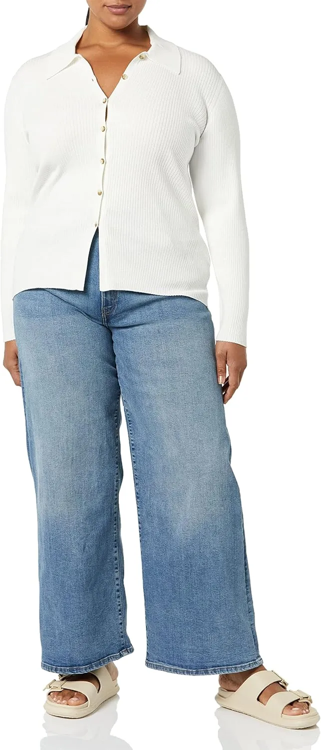 Amazon Essentials Women's Fine Gauge Stretch Polo Ribbed Cardigan (Previously Daily Ritual)