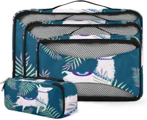 Animal Alpaca Llama Leaves Packing Cubes 4 Pack Travel Packing Bags Individual Carry on Suitcases Underwear Luggage Mesh Organizer Packing Cubes Set for Travel Bag Backpack