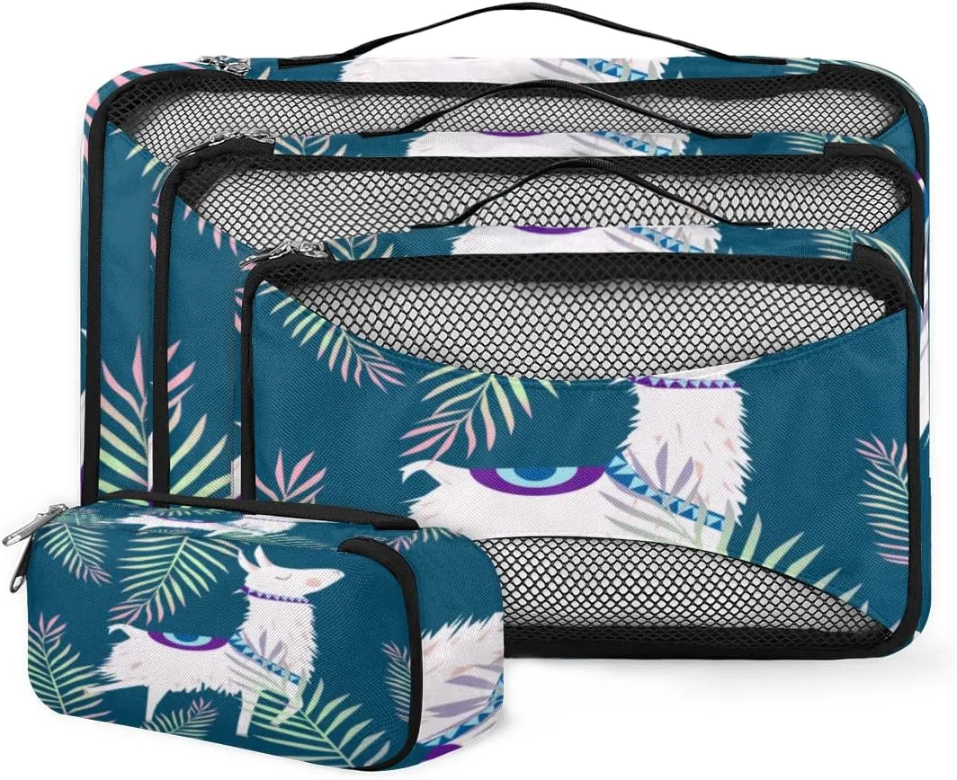 Animal Alpaca Llama Leaves Packing Cubes 4 Pack Travel Packing Bags Individual Carry on Suitcases Underwear Luggage Mesh Organizer Packing Cubes Set for Travel Bag Backpack