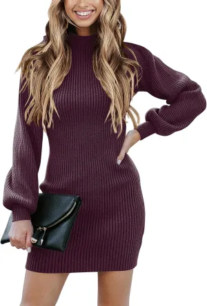ANRABESS Women Long Sleeve Turtle Mock Neck Rib Knit Stretch Slim Fitted Bodycon Sweater Mini Short Dress 2024 Fall Outfits