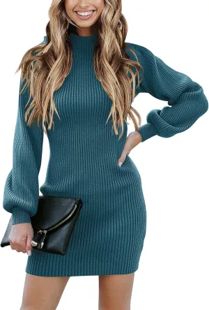 ANRABESS Women Long Sleeve Turtle Mock Neck Rib Knit Stretch Slim Fitted Bodycon Sweater Mini Short Dress 2024 Fall Outfits