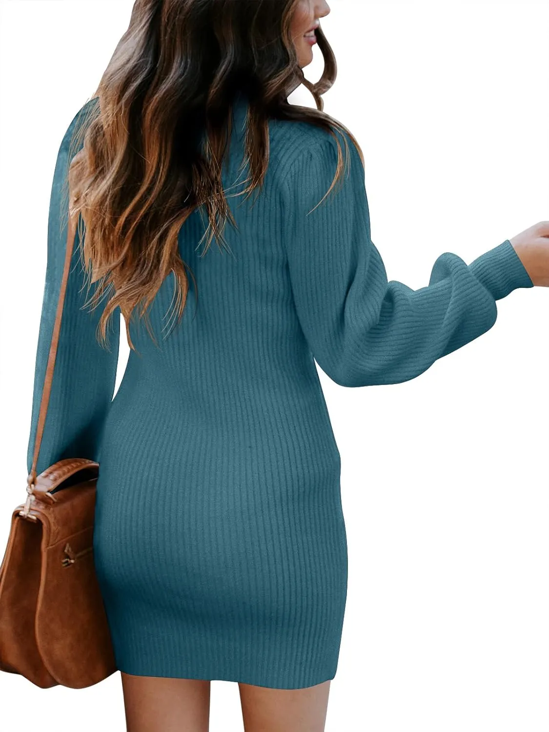 ANRABESS Women Long Sleeve Turtle Mock Neck Rib Knit Stretch Slim Fitted Bodycon Sweater Mini Short Dress 2024 Fall Outfits