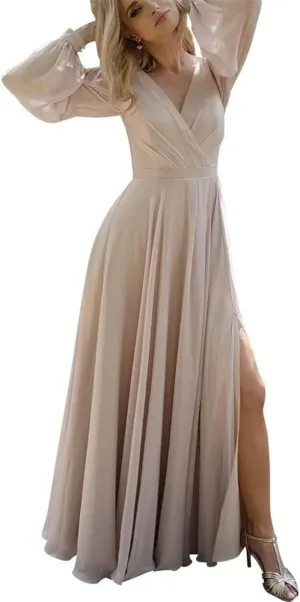 ANYSWBKN Fluffy Long Sleeves Bridesmaid Dresses for Wedding Chiffon V-Neck Evening Party Prom Maxi Gown with Slit