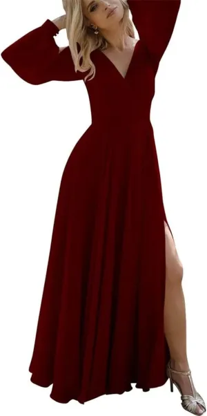 ANYSWBKN Fluffy Long Sleeves Bridesmaid Dresses for Wedding Chiffon V-Neck Evening Party Prom Maxi Gown with Slit