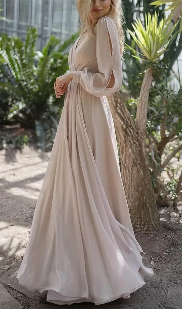 ANYSWBKN Fluffy Long Sleeves Bridesmaid Dresses for Wedding Chiffon V-Neck Evening Party Prom Maxi Gown with Slit