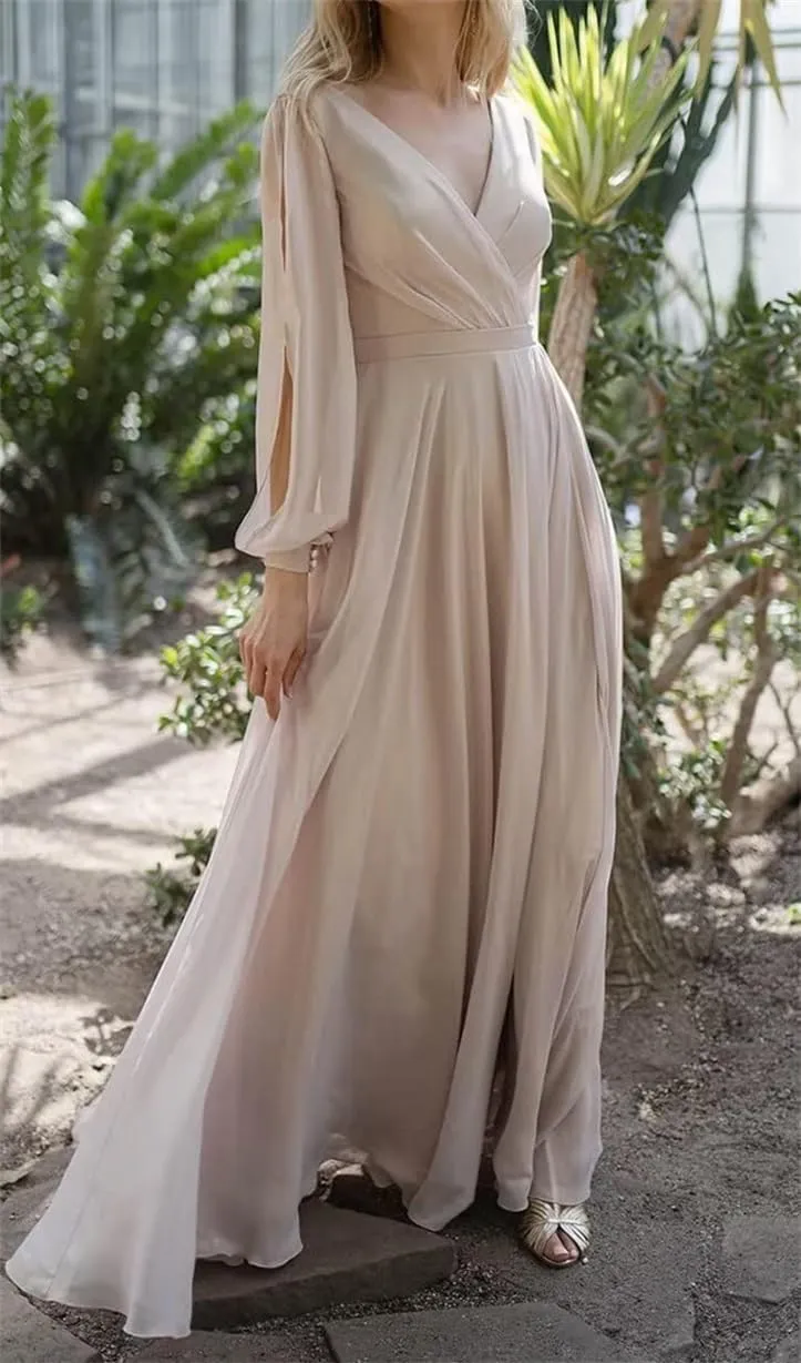 ANYSWBKN Fluffy Long Sleeves Bridesmaid Dresses for Wedding Chiffon V-Neck Evening Party Prom Maxi Gown with Slit