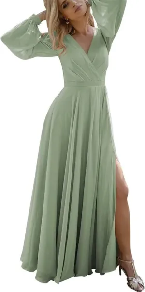ANYSWBKN Fluffy Long Sleeves Bridesmaid Dresses for Wedding Chiffon V-Neck Evening Party Prom Maxi Gown with Slit