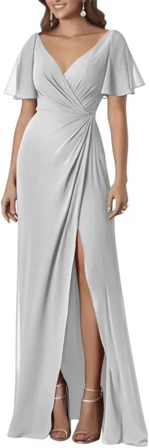 ANYSWBKN Ruffle Sleeves Prom Bridesmaid Dresses for Wedding Chiffon Long Evening Formal Party Gown with Slit Split