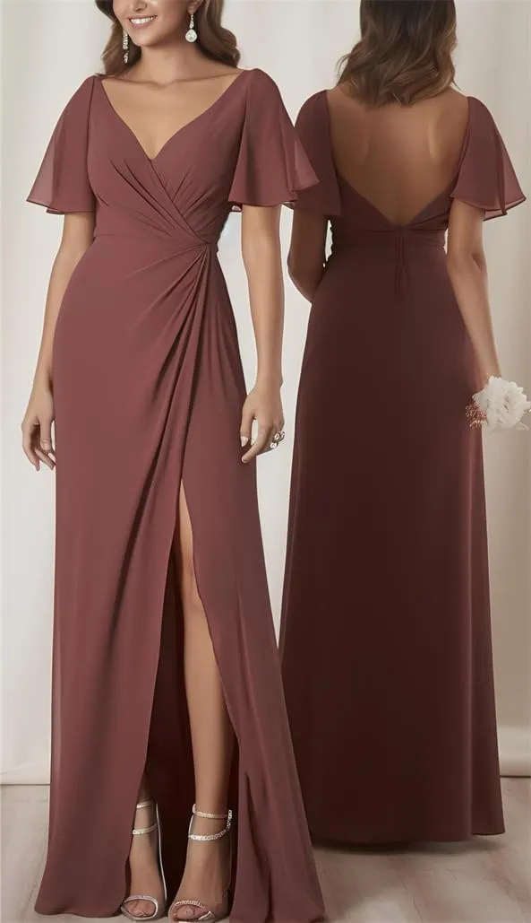 ANYSWBKN Ruffle Sleeves Prom Bridesmaid Dresses for Wedding Chiffon Long Evening Formal Party Gown with Slit Split