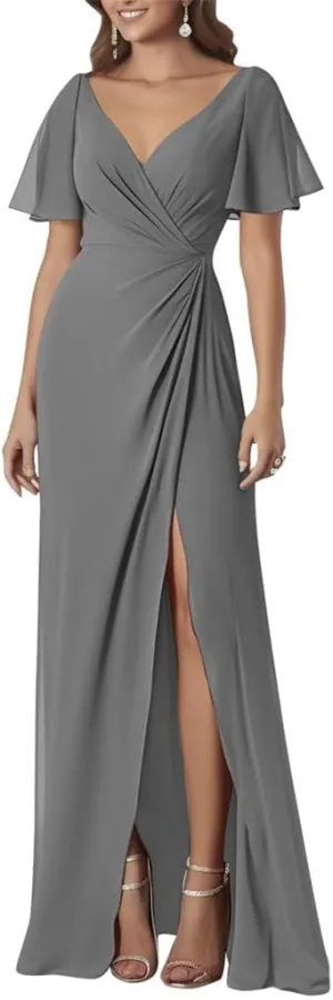 ANYSWBKN Ruffle Sleeves Prom Bridesmaid Dresses for Wedding Chiffon Long Evening Formal Party Gown with Slit Split
