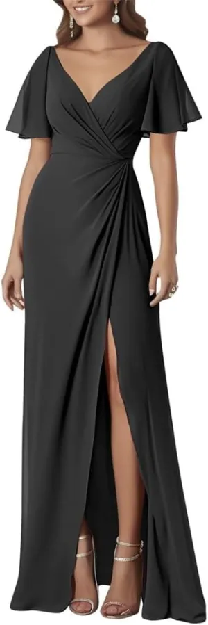 ANYSWBKN Ruffle Sleeves Prom Bridesmaid Dresses for Wedding Chiffon Long Evening Formal Party Gown with Slit Split
