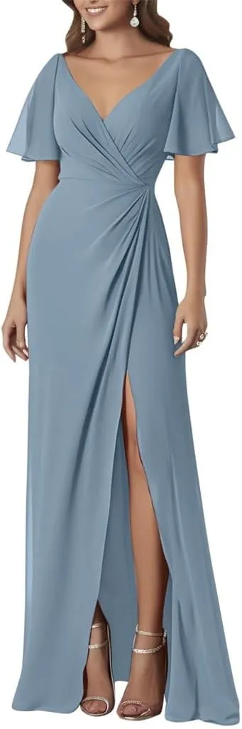ANYSWBKN Ruffle Sleeves Prom Bridesmaid Dresses for Wedding Chiffon Long Evening Formal Party Gown with Slit Split