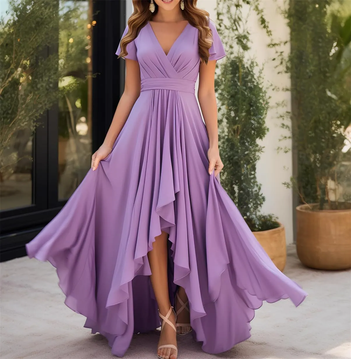 ANYSWBKN Short Sleeve Pleated Bridesmaid Dresses for Wedding Hi-Low Ruched Chiffon Evening Formal Party Gown