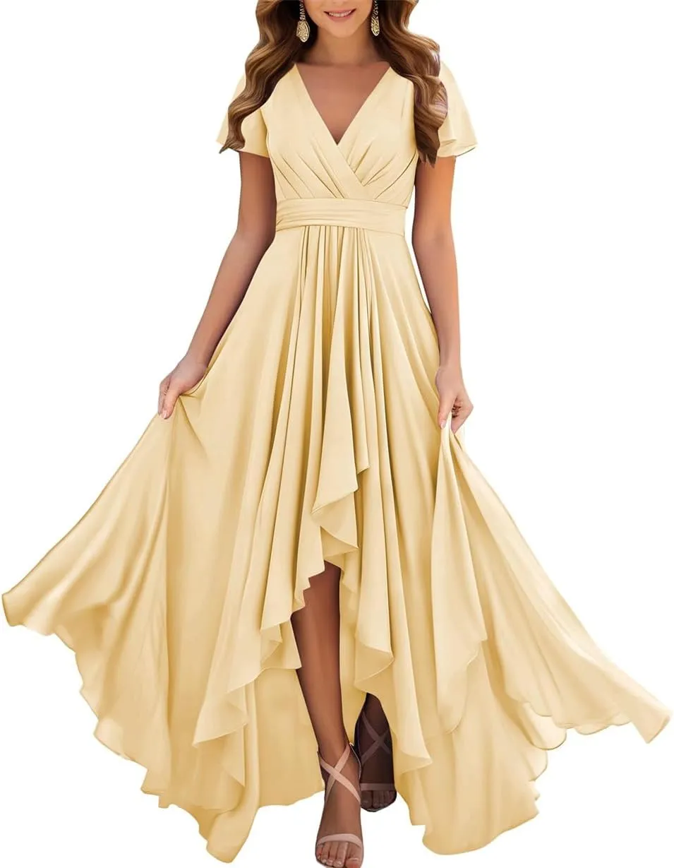 ANYSWBKN Short Sleeve Pleated Bridesmaid Dresses for Wedding Hi-Low Ruched Chiffon Evening Formal Party Gown