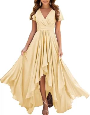 ANYSWBKN Short Sleeve Pleated Bridesmaid Dresses for Wedding Hi-Low Ruched Chiffon Evening Formal Party Gown