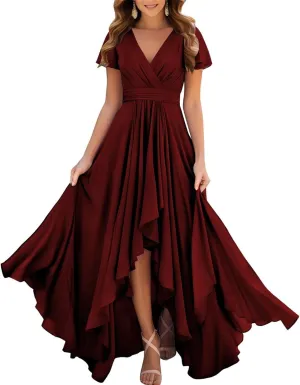 ANYSWBKN Short Sleeve Pleated Bridesmaid Dresses for Wedding Hi-Low Ruched Chiffon Evening Formal Party Gown