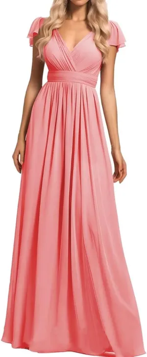 ANYSWBKN Women's Short Sleeve Bridesmaid Dresses for Wedding V-NEC Chiffon Evening Formal Party Gown