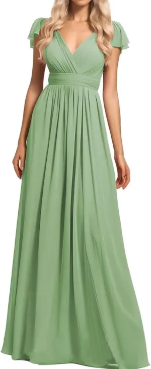 ANYSWBKN Women's Short Sleeve Bridesmaid Dresses for Wedding V-NEC Chiffon Evening Formal Party Gown