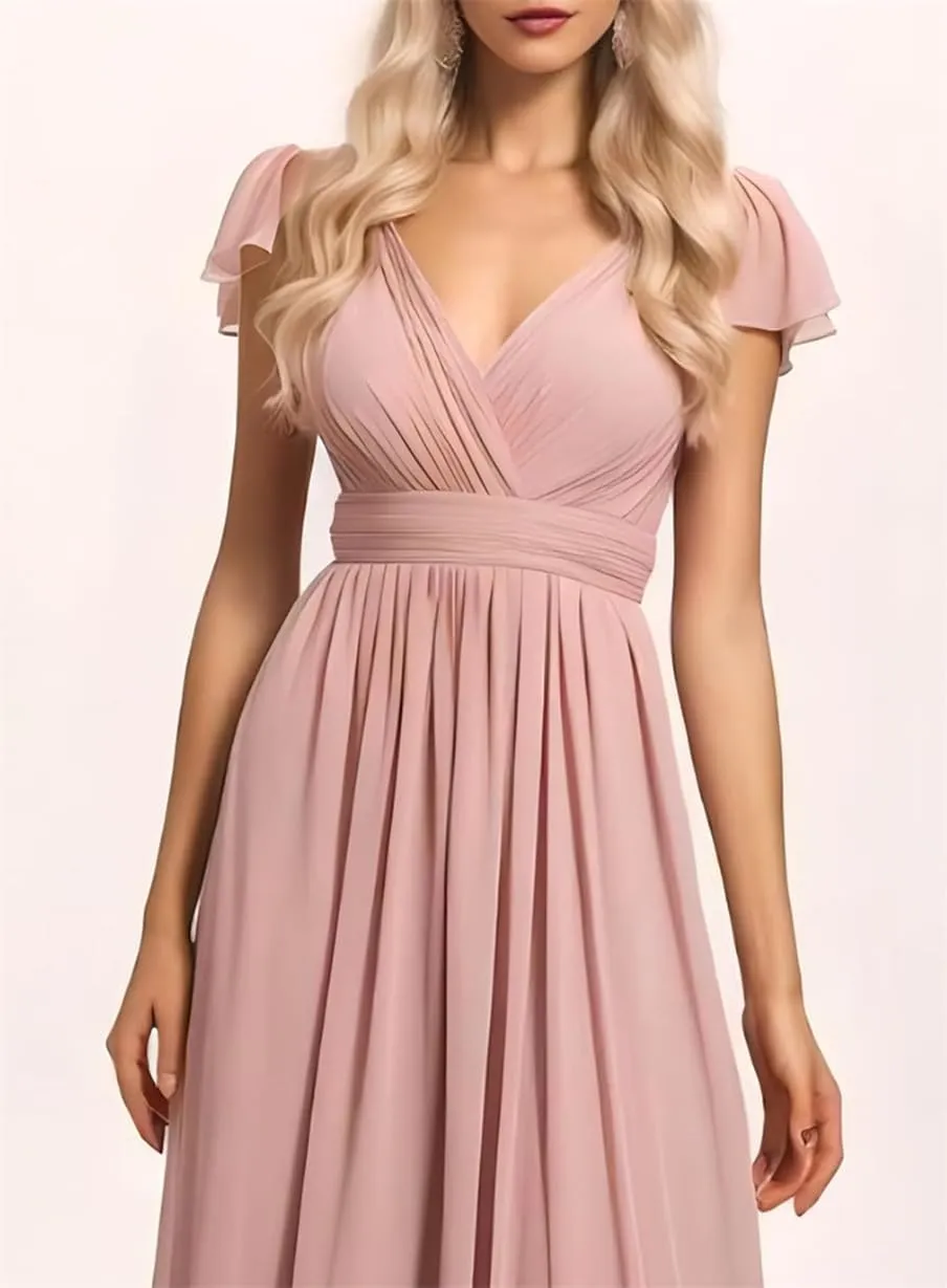 ANYSWBKN Women's Short Sleeve Bridesmaid Dresses for Wedding V-NEC Chiffon Evening Formal Party Gown