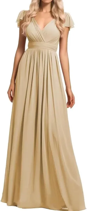 ANYSWBKN Women's Short Sleeve Bridesmaid Dresses for Wedding V-NEC Chiffon Evening Formal Party Gown