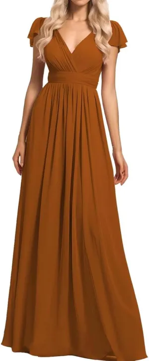 ANYSWBKN Women's Short Sleeve Bridesmaid Dresses for Wedding V-NEC Chiffon Evening Formal Party Gown