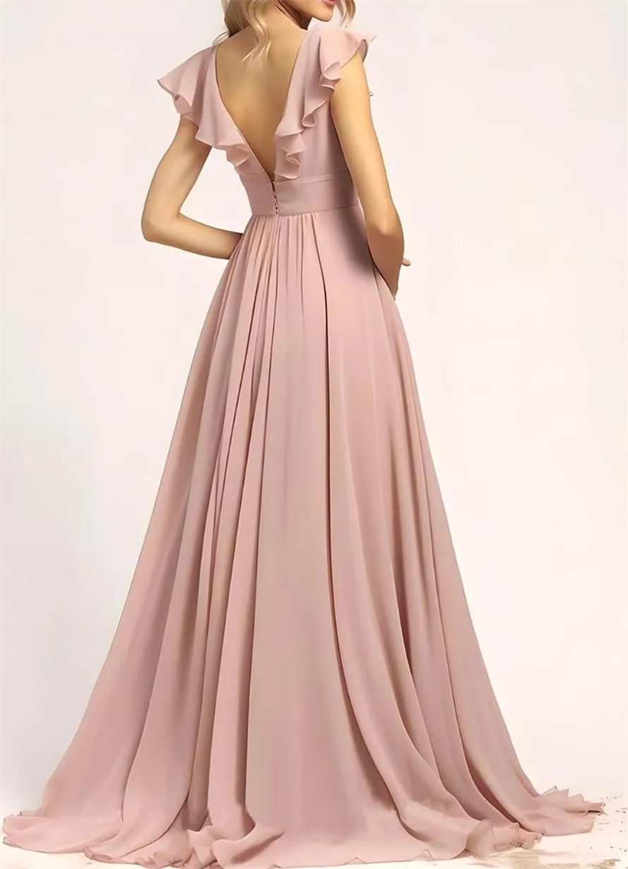 ANYSWBKN Women's Short Sleeve Bridesmaid Dresses for Wedding V-NEC Chiffon Evening Formal Party Gown
