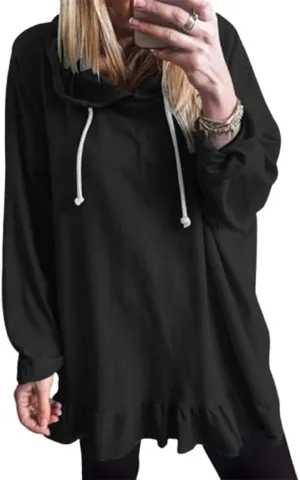 Apvirdy Women's Solid Sweatshirt Hooded Casual Ruffled Hem Peplum Loose Tunic Top Drawstring Long Sleeves Pullover Hoodies