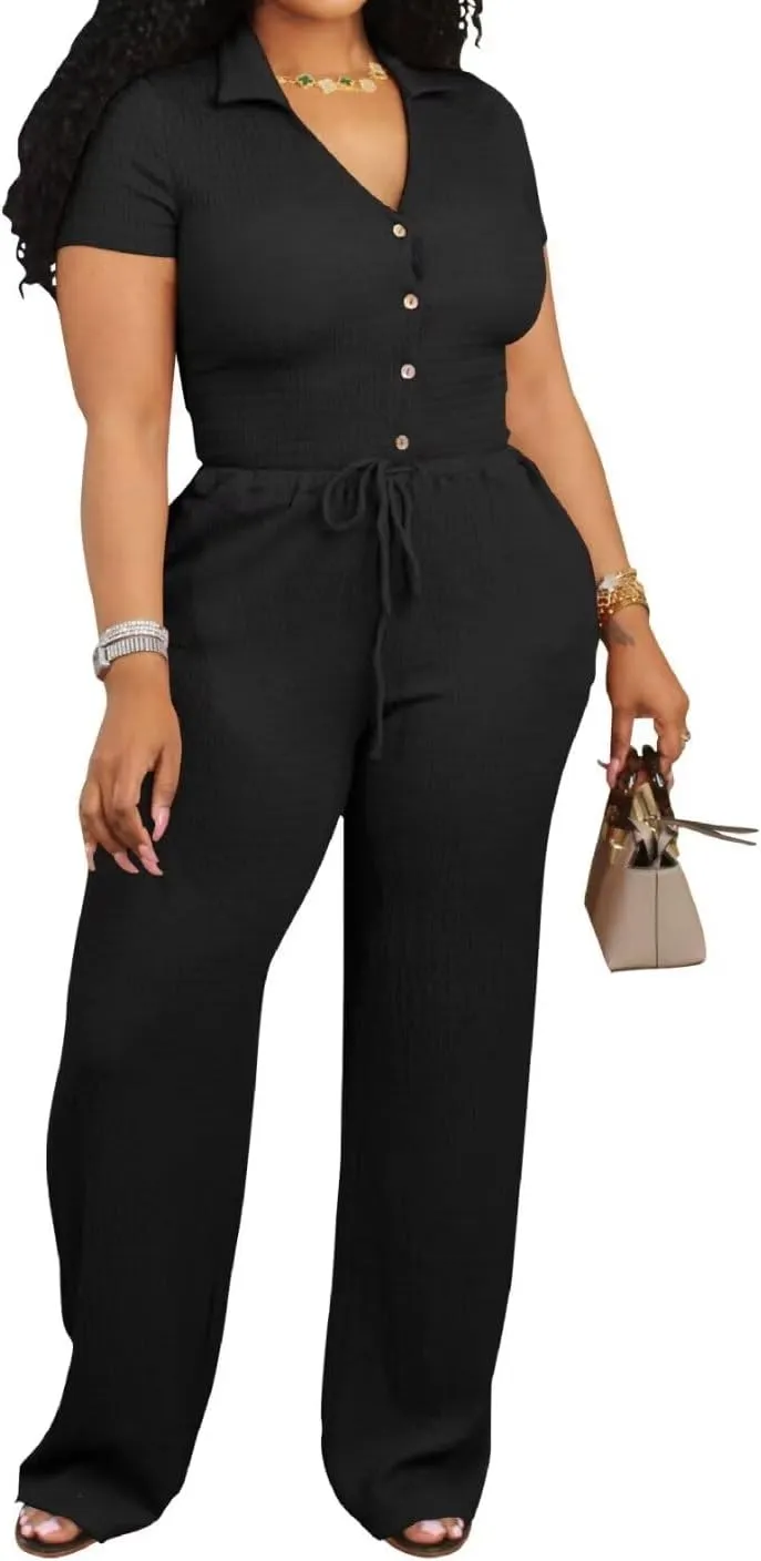 Aro Lora Womens Casual 2 Piece Outfits Pleated Button Down Shirt and Wide Leg Pant Set