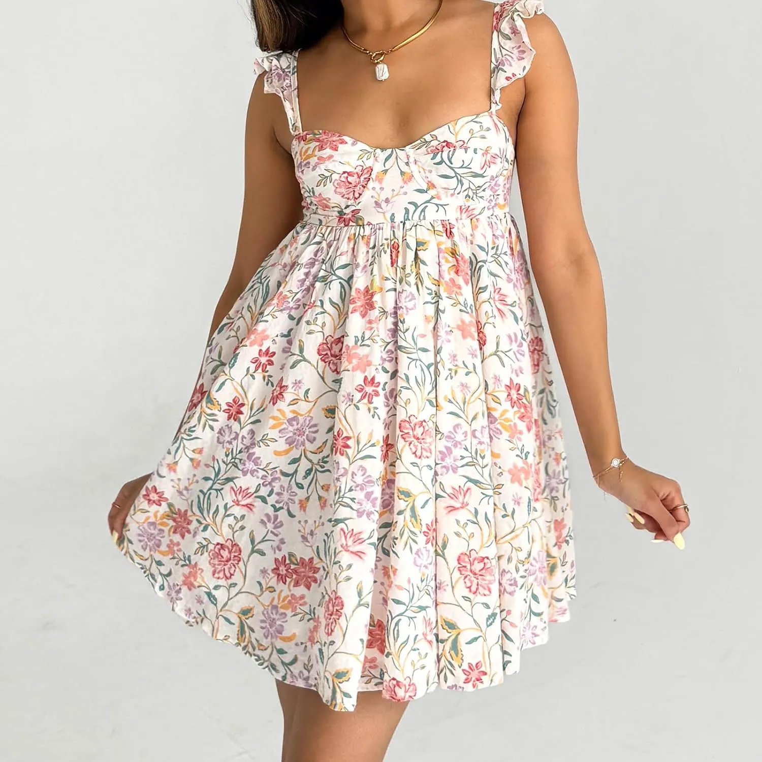 Awoscut Women Cute Babydoll Mini Dress Ruffle Strap Maternity Dresses Summer Y2K Flowy Teens Short Sundress