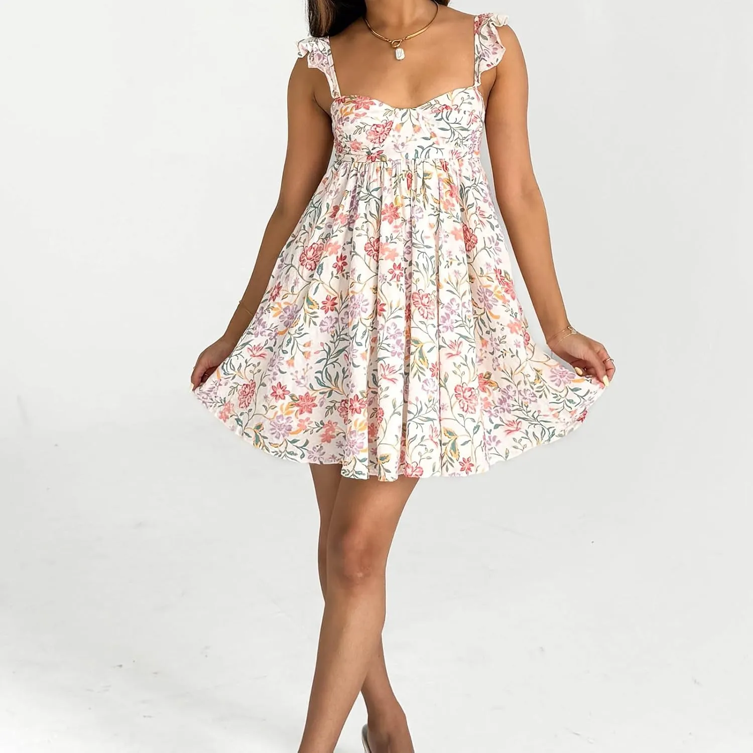 Awoscut Women Cute Babydoll Mini Dress Ruffle Strap Maternity Dresses Summer Y2K Flowy Teens Short Sundress