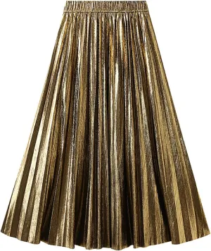 BAIMORE Women's Elegant Glitter Metallic Elastic Waist A Line Swing Accordion Pleated Midi Skirt