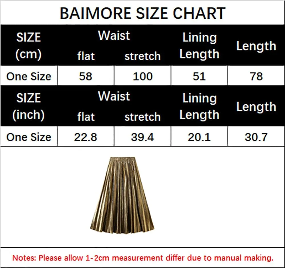 BAIMORE Women's Elegant Glitter Metallic Elastic Waist A Line Swing Accordion Pleated Midi Skirt