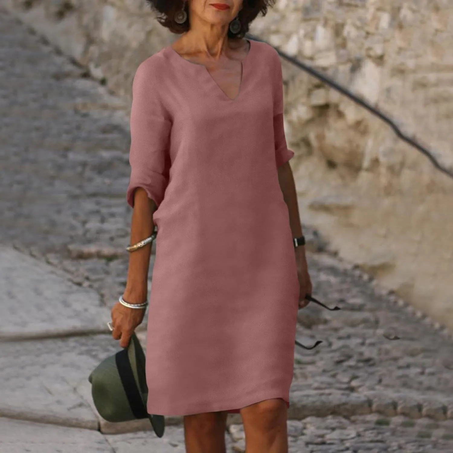 BAXLIMEK Cotton Linen Dresses for Women,2025 Summer Trendy Elegant Plain Beach Dress,Casual 3/4 Sleeve Midi Dress