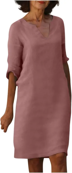 BAXLIMEK Cotton Linen Dresses for Women,2025 Summer Trendy Elegant Plain Beach Dress,Casual 3/4 Sleeve Midi Dress