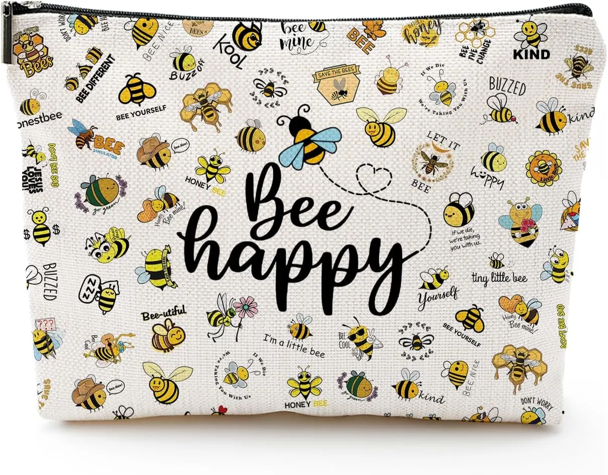 Bee Gifts for Bee Lovers, Bee Gifts for Women, Cute Bee Small Makeup Bag, Bee Themed Gifts Beekeeper Gifts for Women Birthday Christmas Gifts Travel Pouch, Beige