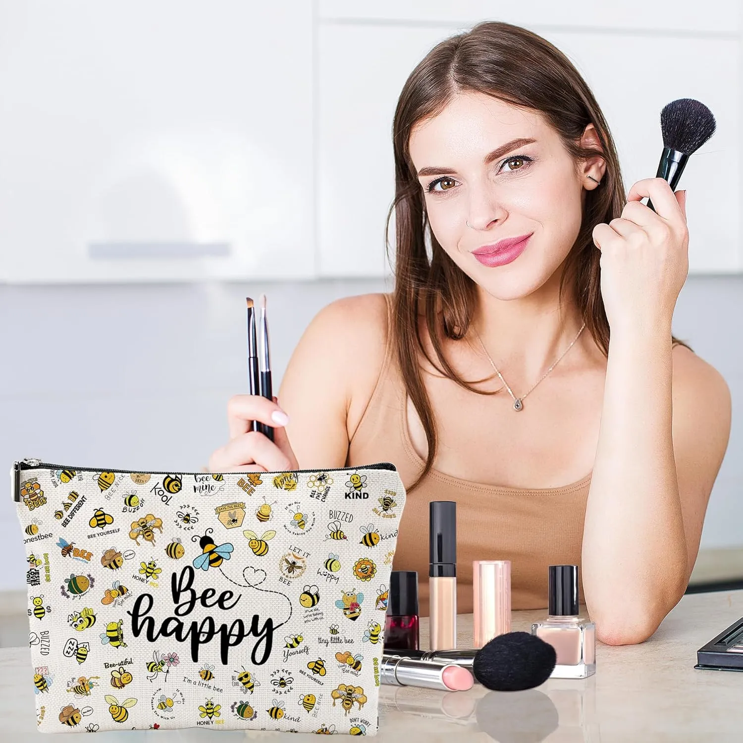 Bee Gifts for Bee Lovers, Bee Gifts for Women, Cute Bee Small Makeup Bag, Bee Themed Gifts Beekeeper Gifts for Women Birthday Christmas Gifts Travel Pouch, Beige