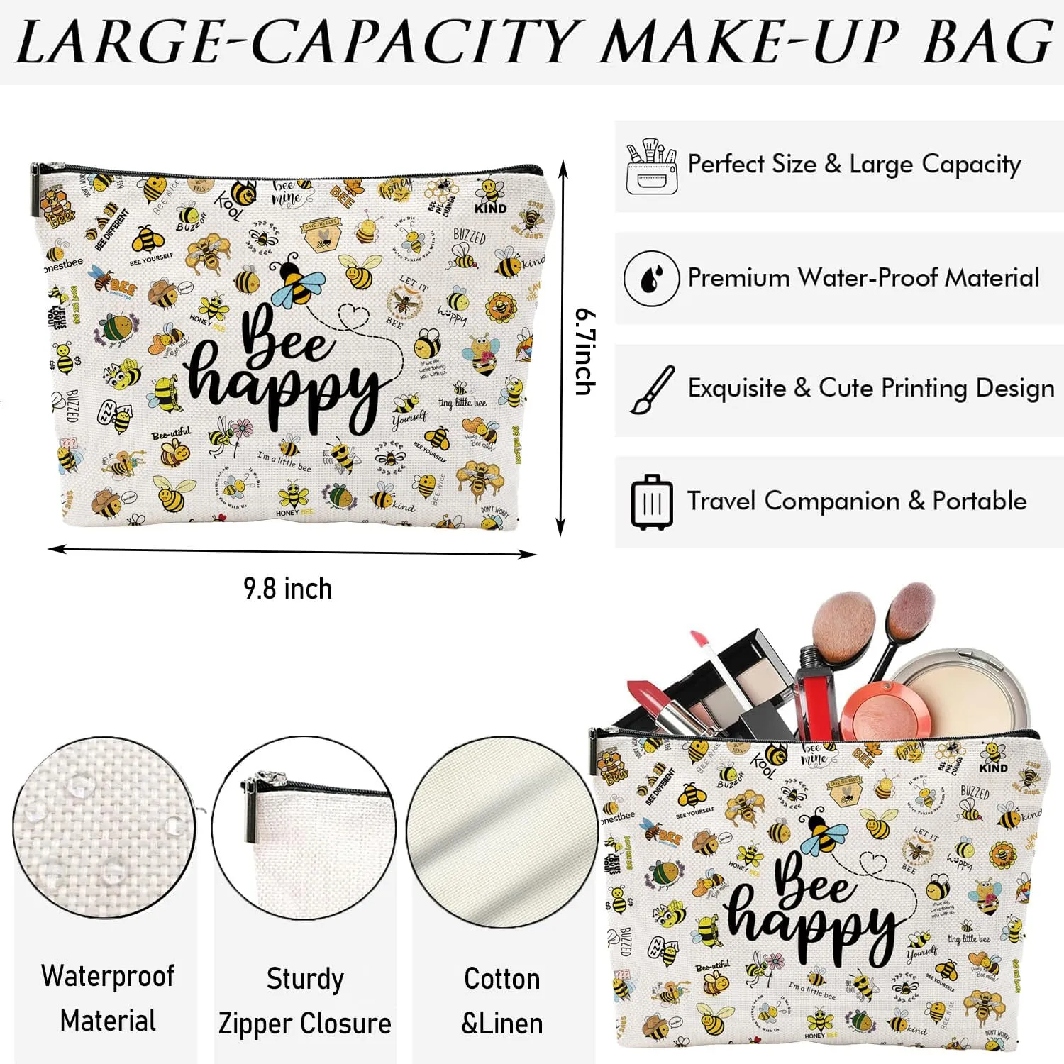 Bee Gifts for Bee Lovers, Bee Gifts for Women, Cute Bee Small Makeup Bag, Bee Themed Gifts Beekeeper Gifts for Women Birthday Christmas Gifts Travel Pouch, Beige
