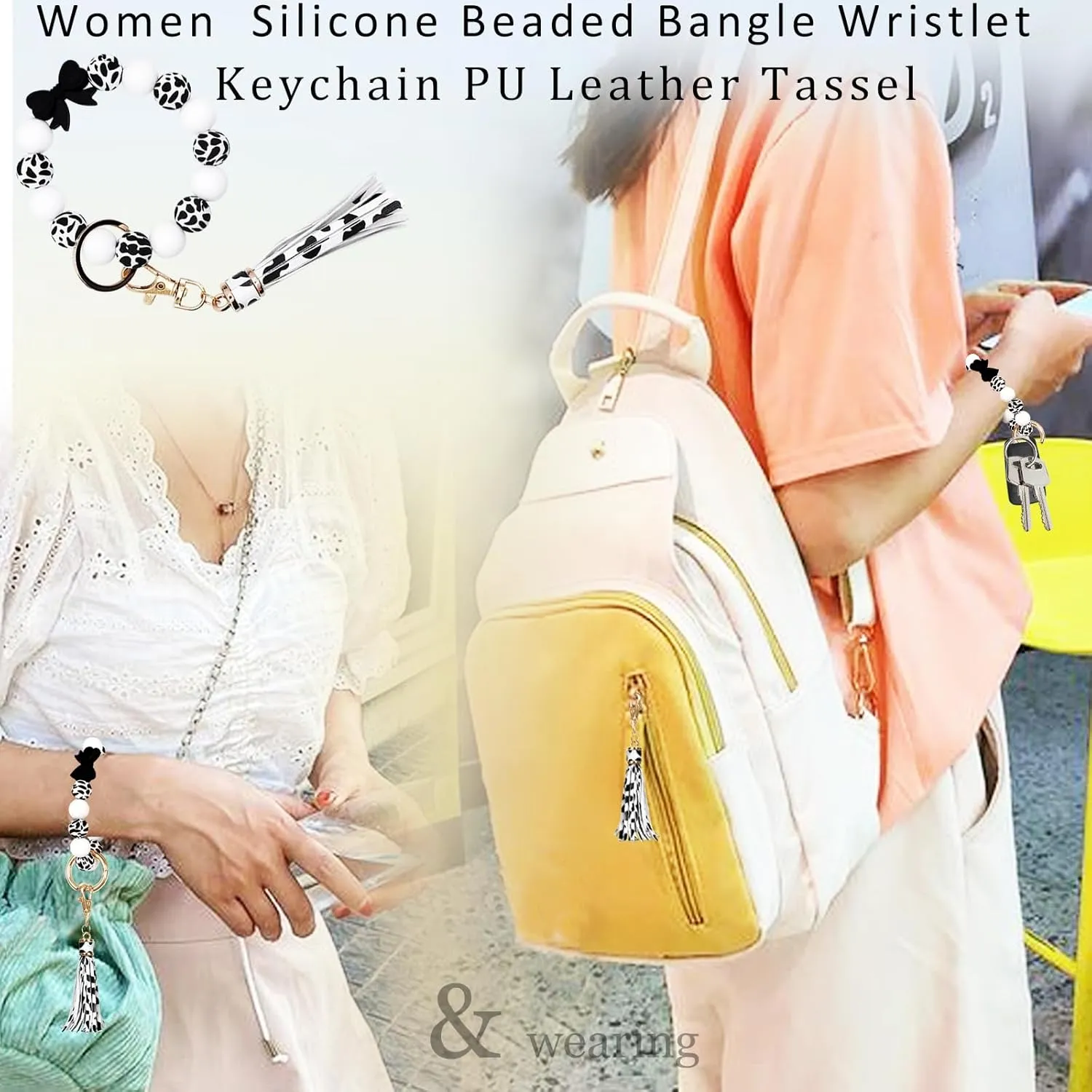 BIHRTC Key Ring Bracelet Car Keychain Holder Wristlet Silicone Women Beaded Bangle Chains