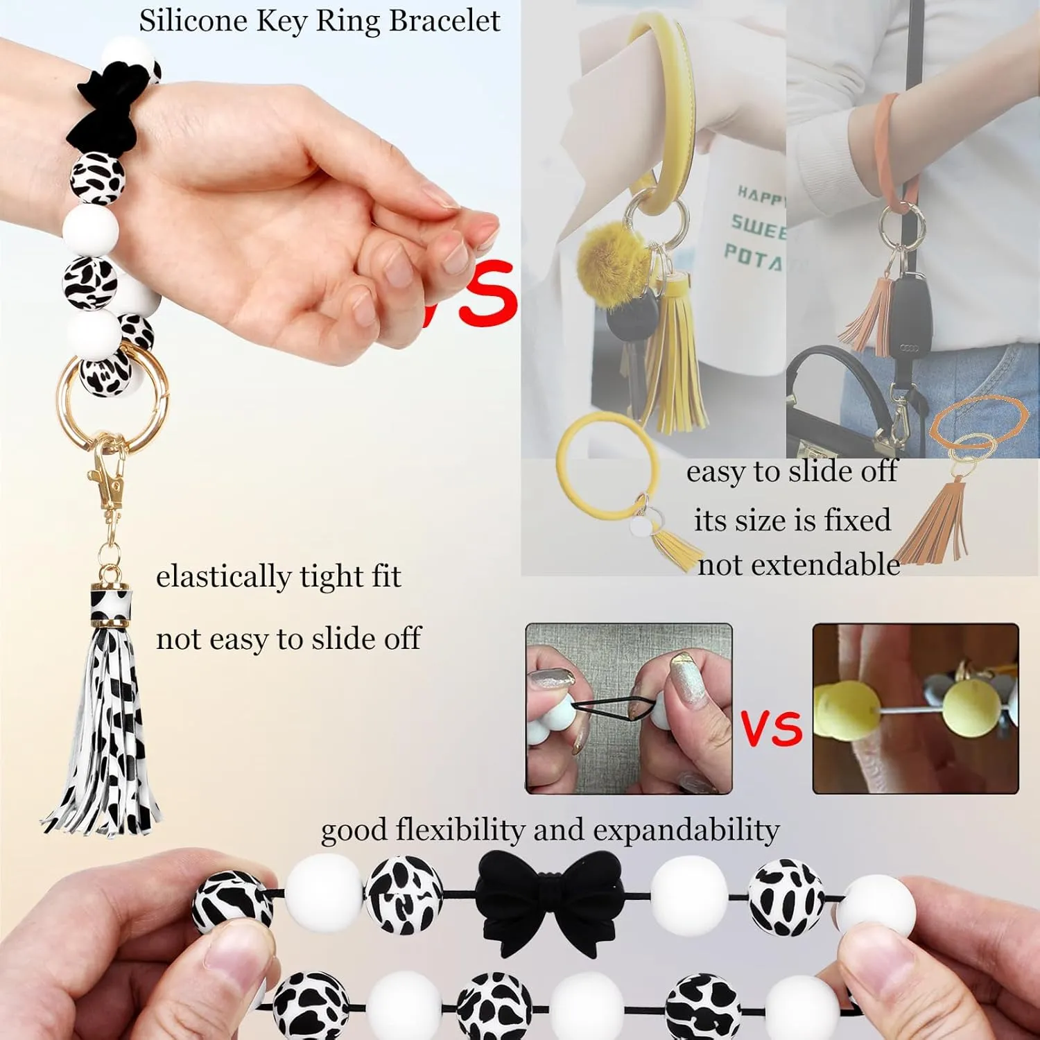 BIHRTC Key Ring Bracelet Car Keychain Holder Wristlet Silicone Women Beaded Bangle Chains